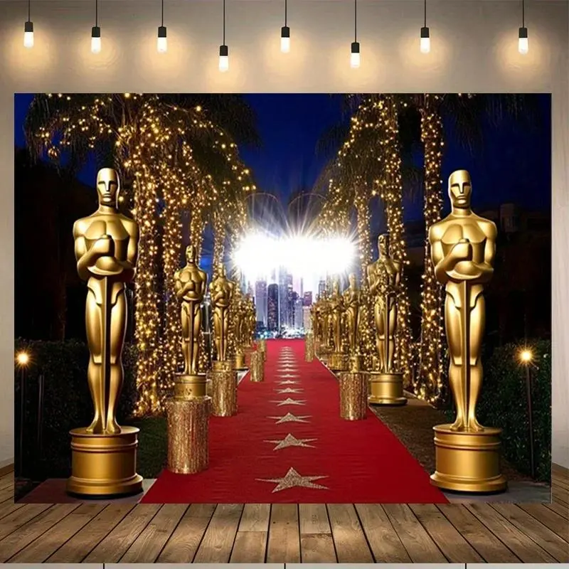 Hollywood Oscar Trophy Red Carpet Backdrop Tapestry - Polyester Digital Print Wall Hanging, Decoration for Father's Day Party, Wedding, Baby Shower, Family Event, Content Creators' Studio Prop, Room Decor Gift