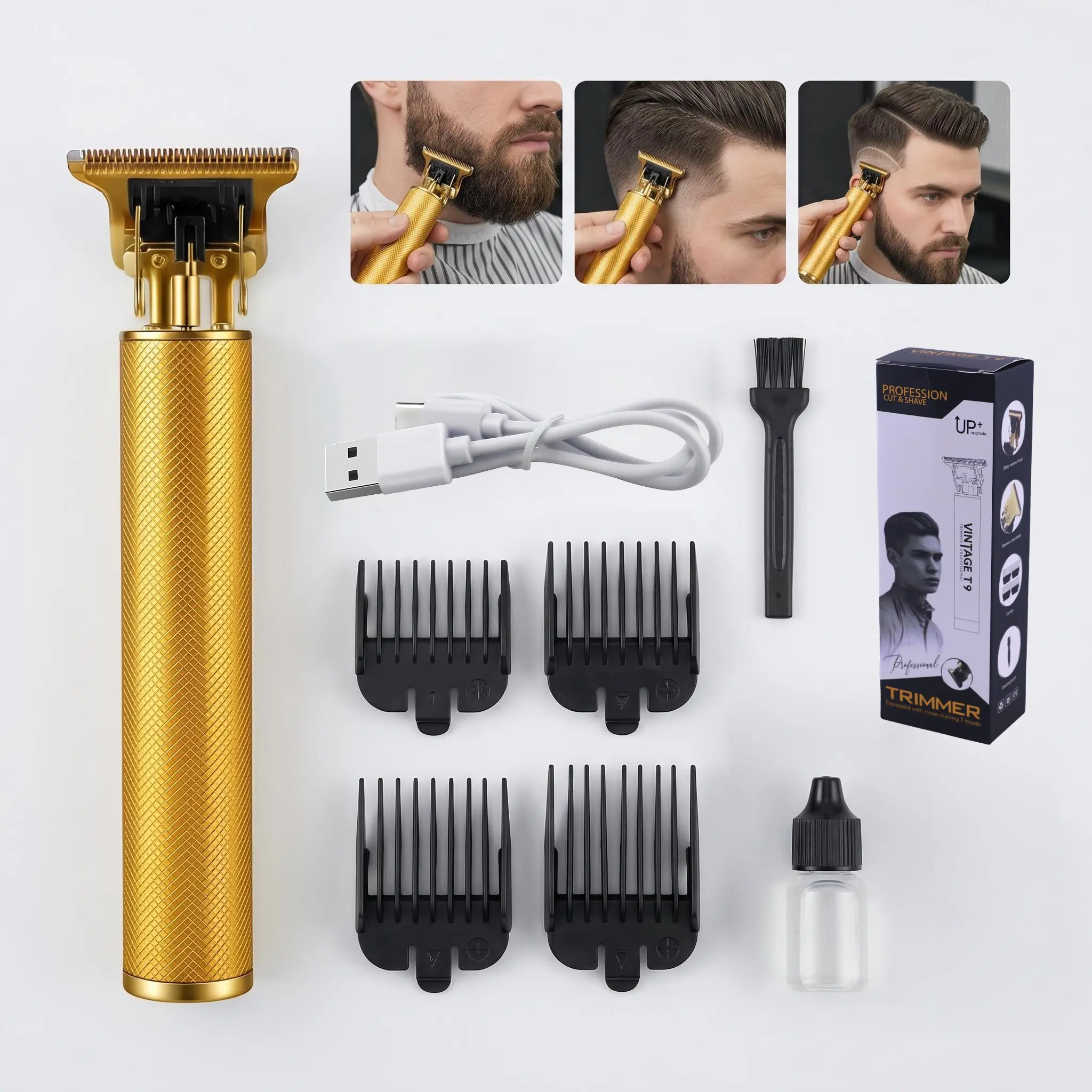Zero Gap Trimmer, Gold Anti-Slip Texture Electric Clipper, Professional T-Type Blade, Home/barber Use, Rechargeable Hair Clippers