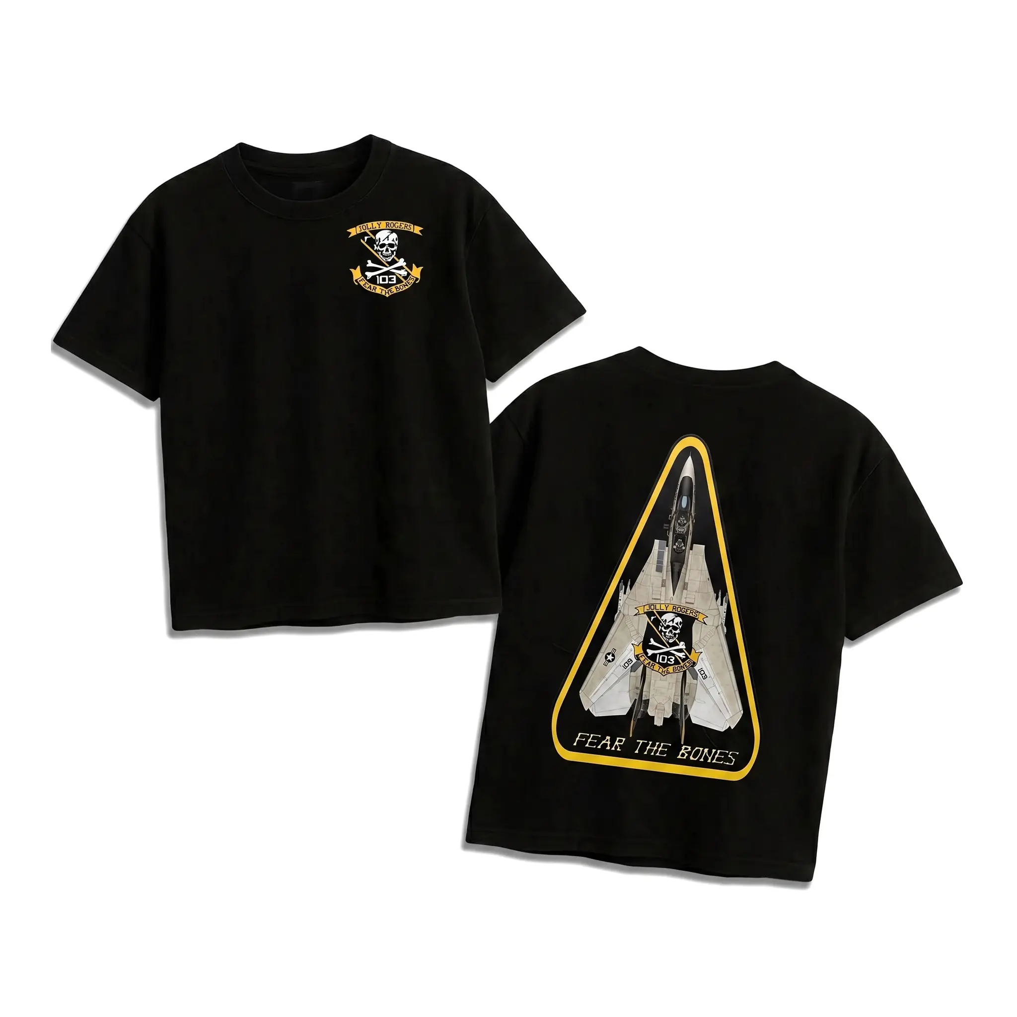 Vintage Military Fighter Jet Graphic Oversized T Shirt, Front Small Skull Squadron Patch Back Triangle Plane Print, Fear The Bones Retro Army Unisex Black Cotton Streetwear Tee