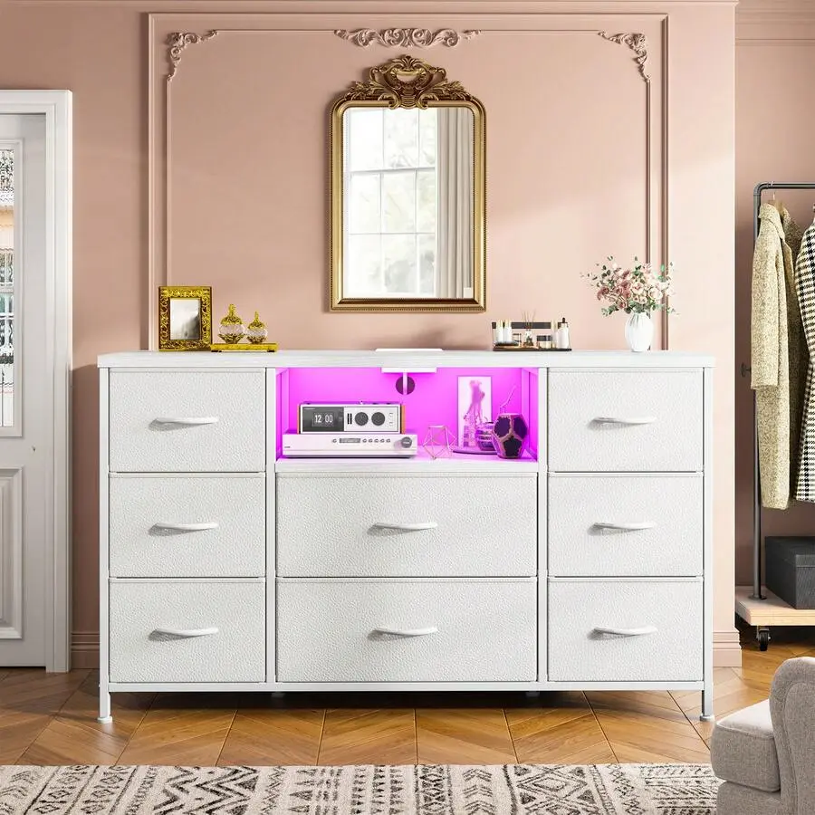 White 8-Drawer LED Lighting Wood-Metal Media Cabinet - 55" TV Capacity, Power Outlets, Adjustable Feet, Tool-Free Setup for Bedroom, Living Room