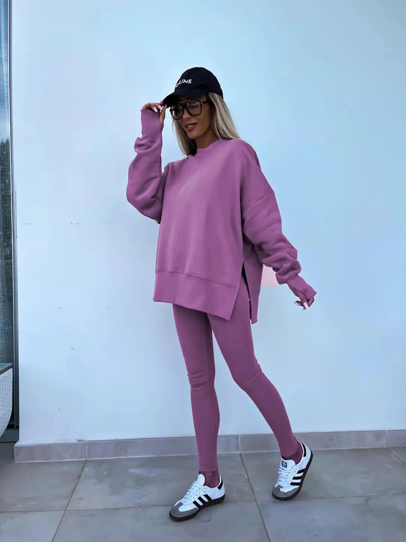 Women's Solid Color Oversized Sweatshirt & Leggings Matching Set, Casual Fashion Cozy Breathable Two-piece Outfits for Daily Outdoor Wear, Ladies Clothes for All Seasons