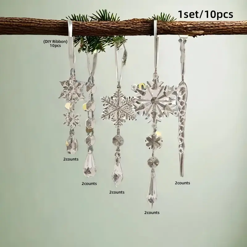 1 Set/10 Pieces Christmas Tree Decorations, Transparent Snowflake Icicle, Hotel Wedding Christmas Lamp Decor, Holiday Party Supplies