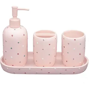 Bathroom Accessories Sets 4-Piece, Premium Pastel Heart Bathroom Accessory Complete Set - Toothbrush Holder, Lotion Soap Dispenser, Vanity Tray, Bathroom Tumbler for Countertop Vanity (Pink)