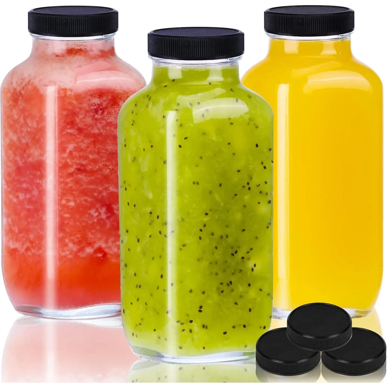 3-Pack 16oz (500ml) Transparent Square Reusable Glass Bottles with Tamper-Proof Caps - Birthday Black Tea Bath Salts Set, Beverage Containers for Juice