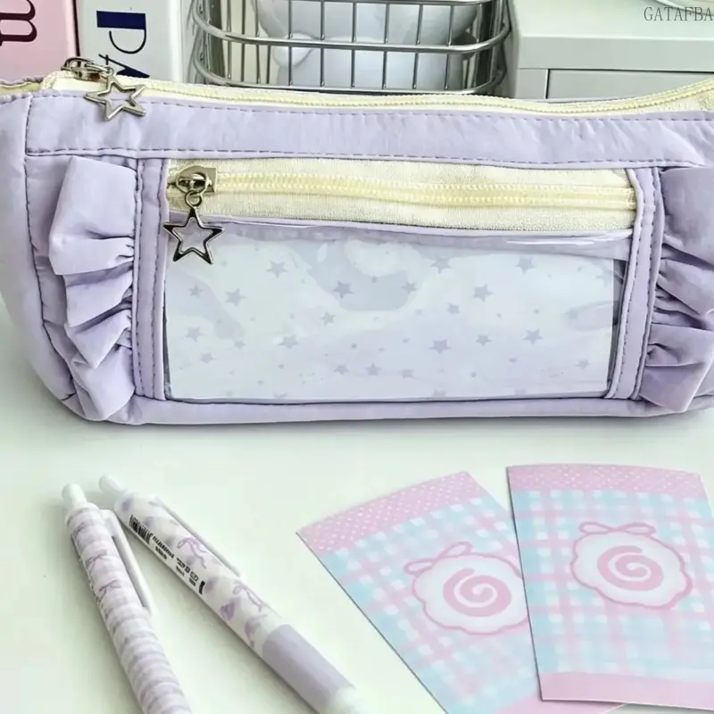 Cute Ruffle Decor Pencil Bag with Star Zipper Pulls, Double Zipper Large-capacity Plaid Pen Pouch with Transparent Window, Soft Lightweight Stationery Organizer for Students and Travel Use