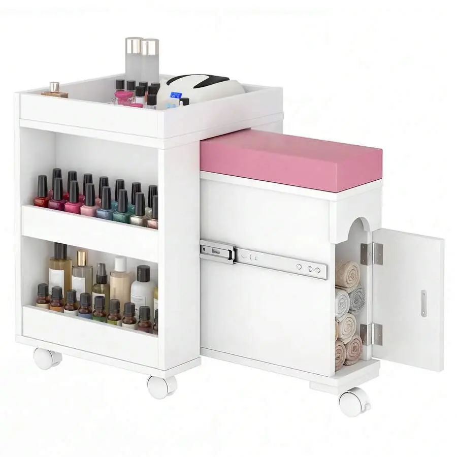 Extendable Pedicure Trolley Cart with Foot Rest, Mobile Pedicure Station Foot Stool Stand, Storage Shelves & Cabinet, Foot Bath Stand with Wheels, Nail Technician Cart, Salon Furniture, Equipment for Home and Beauty Salons.