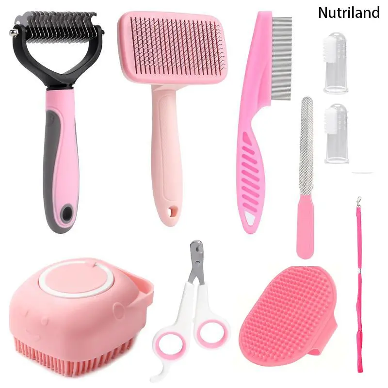 10-in-1 Pet Grooming Multi-Tool Kit for Dogs & Cats - Silicone Bristles Brush, Coat Cleaning, Shampoo Dispenser, Reduces Shedding, Massage Scrubber, Toothbrush, Nail Clippers, Bath Accessories