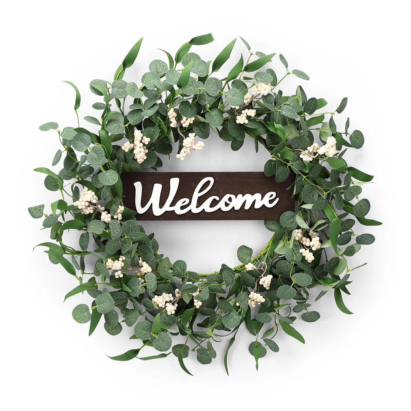 Artificial Eucalyptus Wreath with Welcome Sign for Front Door Spring Summer Wreath, Green Eucalyptus Leaf Wreath for Patio Garden Festival Celebration Window
