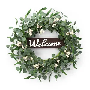 Artificial Eucalyptus Wreath with Welcome Sign for Front Door Spring Summer Wreath, Green Eucalyptus Leaf Wreath for Patio Garden Festival Celebration Window
