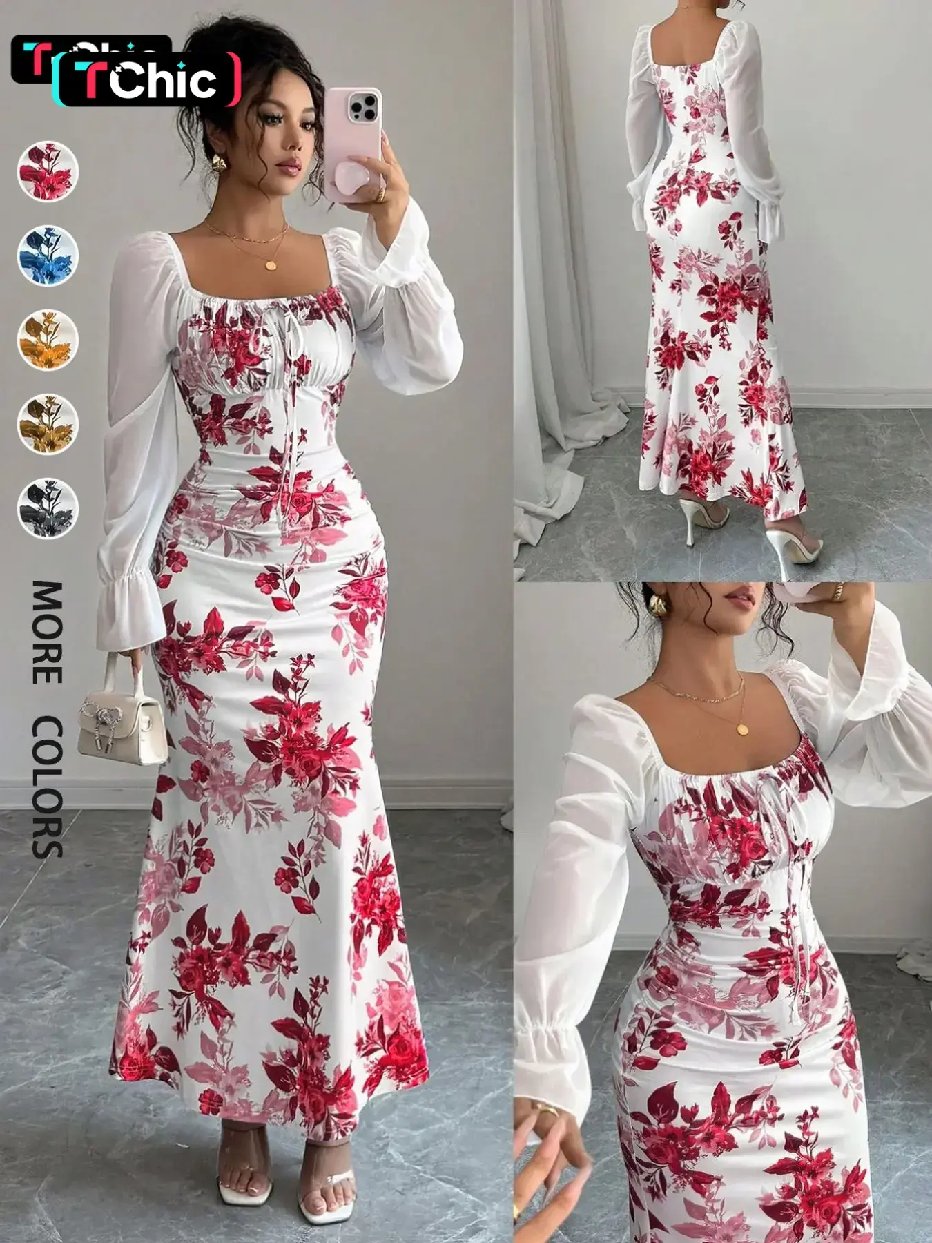 New Women's Floral Pattern Square Neck Tie Front Bubble Sleeve Chiffon Dress, Boho Style Summer Dresses, Casual Boho Breathable, Elegant Long Dress for Parties, Casual Wear, Chic Slim-Fit Dress for Spring, Summer and Fall