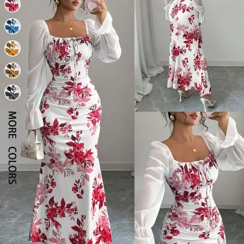 New Women's Floral Pattern Square Neck Tie Front Bubble Sleeve Chiffon Dress Summer Dresses, Casual Boho Breathable, Elegant Long Dress for Parties, Casual Wear, Chic Slim-Fit Dress for Spring, Summer and Fall, Boho Style Clothes