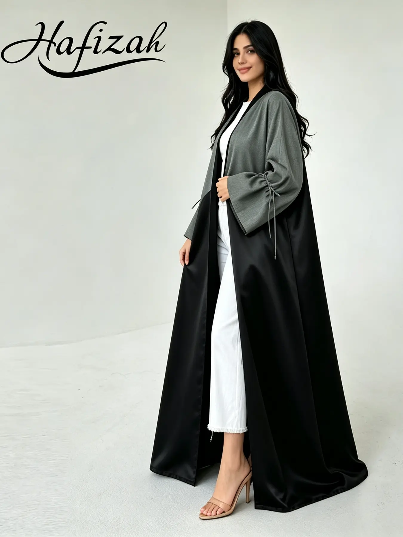 Two-Tone Open Front Robe, Adjustable Drawstring Sleeves, Satin Material, Suitable for Muslim Women, Dubai Style