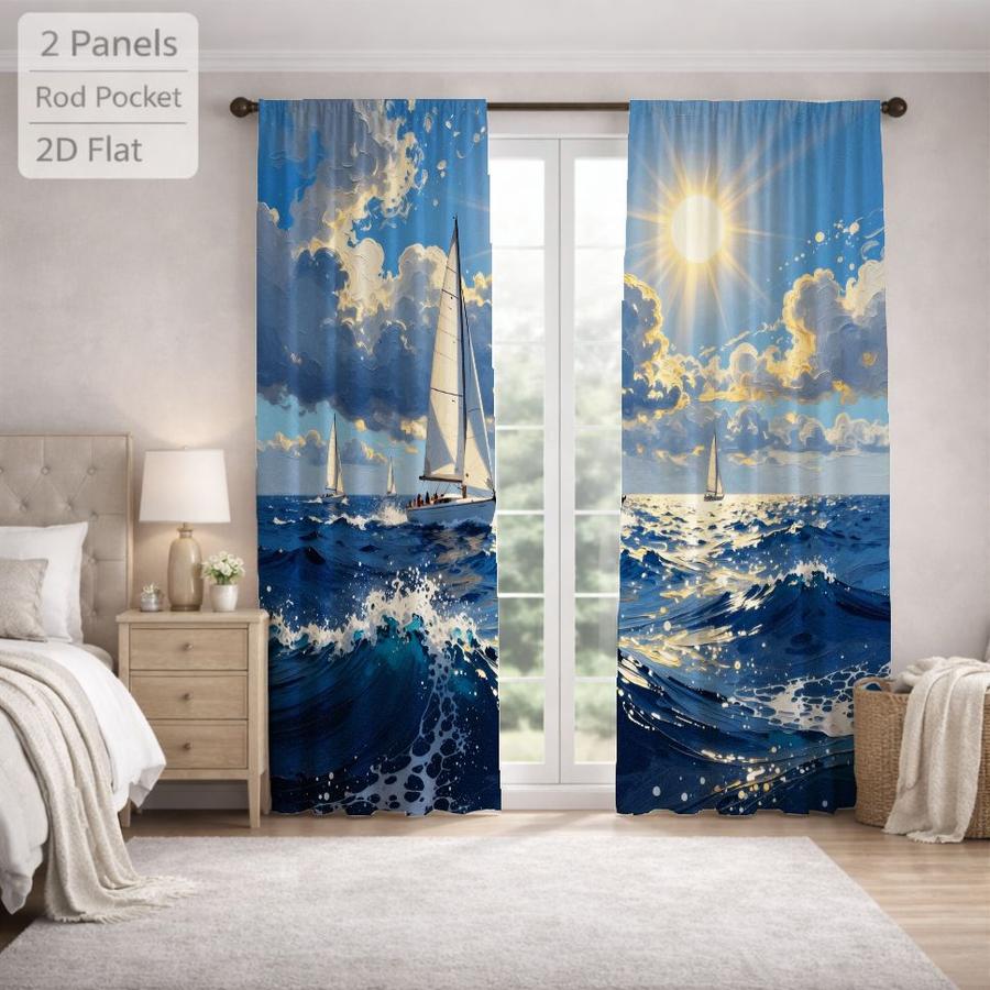 2Pcs Nautical Ocean Seascape Sailboat Sun Blocking Curtains Digital Printed Rod Pocket, Window Treatment For Bedroom Office Kitchen Living Room Study Home Decor