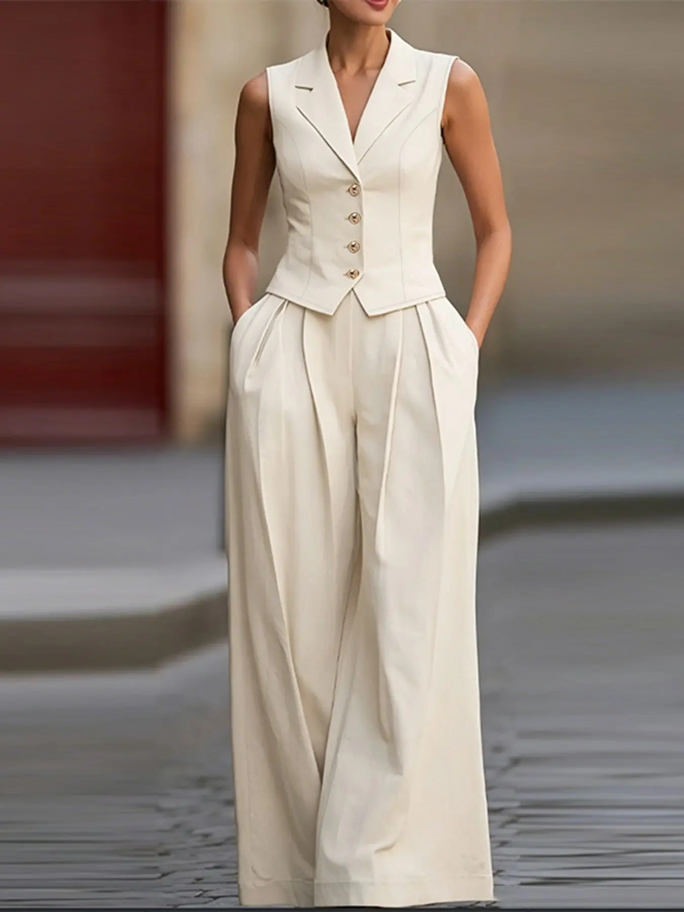 Women's Lapel Collared Button Sleeveless Vest and Wide Leg Pants Set, Two-Piece Suits, Elegant Casual Set, European and American Office Street Fashion, Casual Wear, Casual Outfit Set