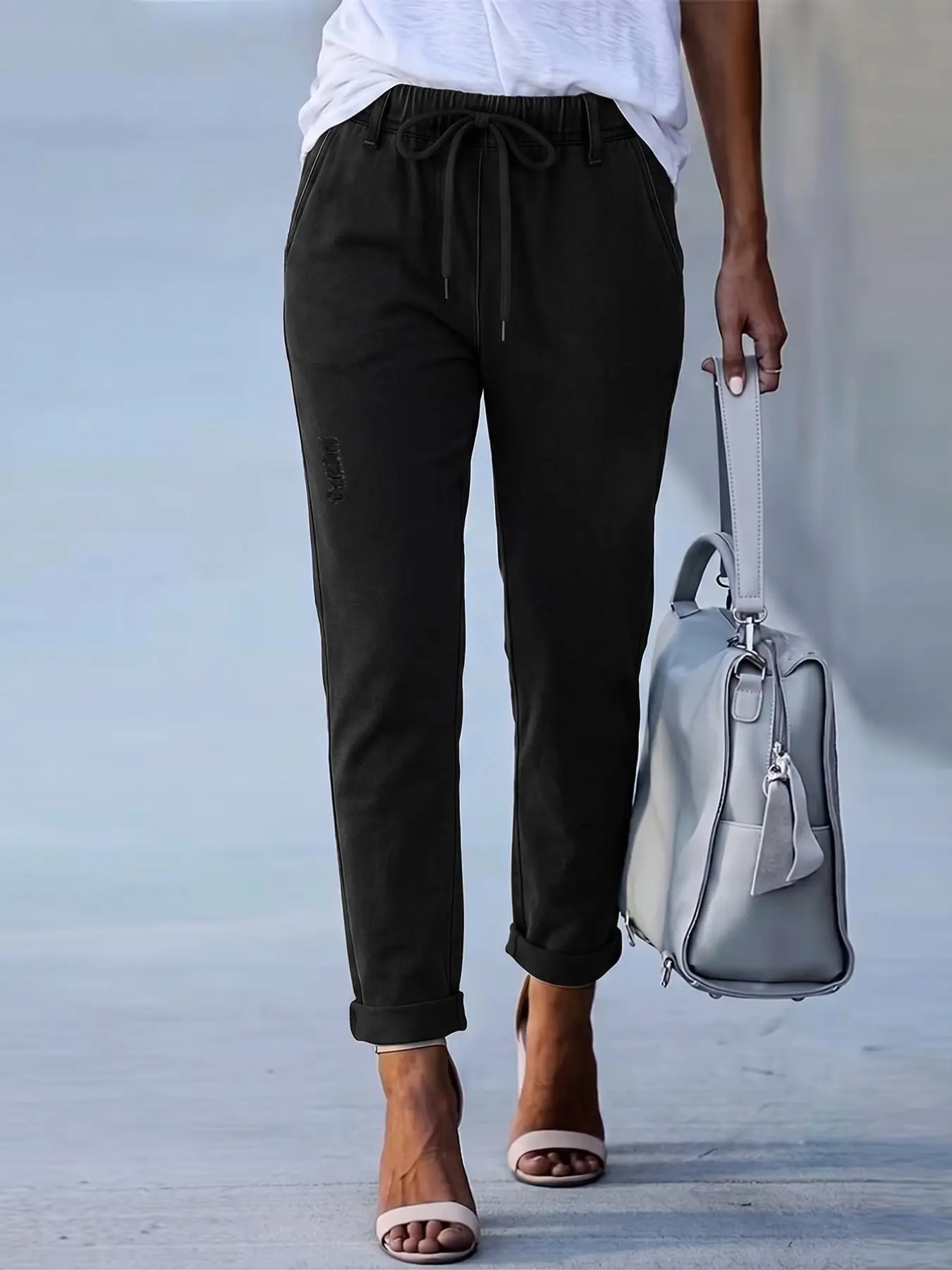 Women's Elastic Drawstring Waist Ripped Cuffed Hem Denim Jeans, Casual Straight Leg, Basic, Daily Outdoor, Autumn Winter Fashion