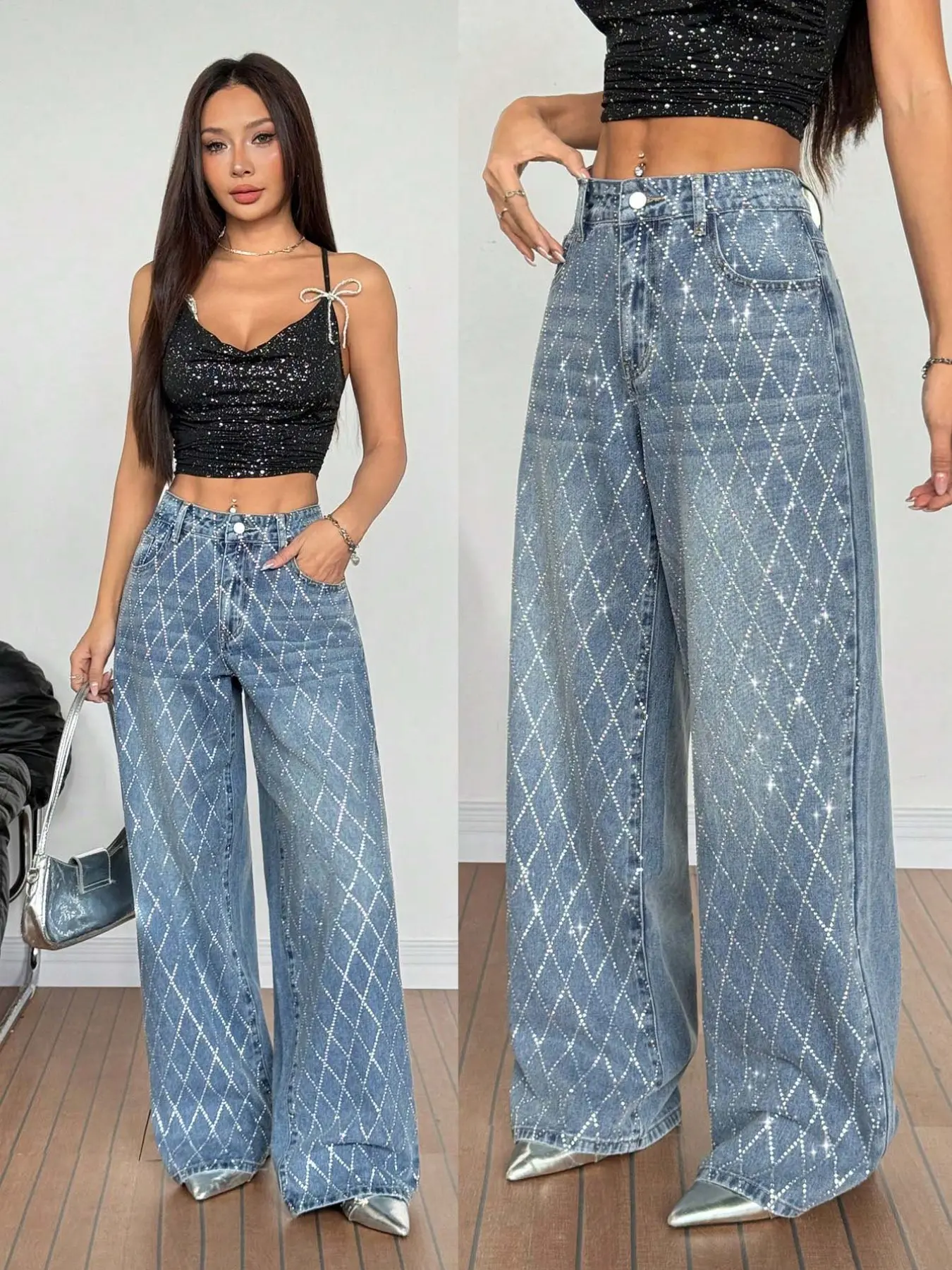 Tall Women's Summer Rhinestone Diamond Shape Water Drilling High Waist Straight Leg Jeans, Fashionable and Stylish Denim Jeans for Ladies