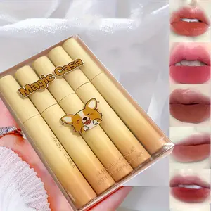 5pcs/Set Corgi Matte Velvet Lip Glaze Non-Drying Suitable for Students' Daily Use Liquid Lipstick, a Starter Lip Kit