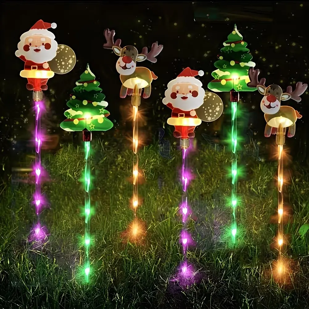 Solar Christmas Path Lights, 6pcs Santa Reindeer Christmas Tree Ground Plug Set, LED Multicolor Outdoor Christmas Decor, Suitable for Courtyards, Lawns, Gardens, And Holiday Decorations