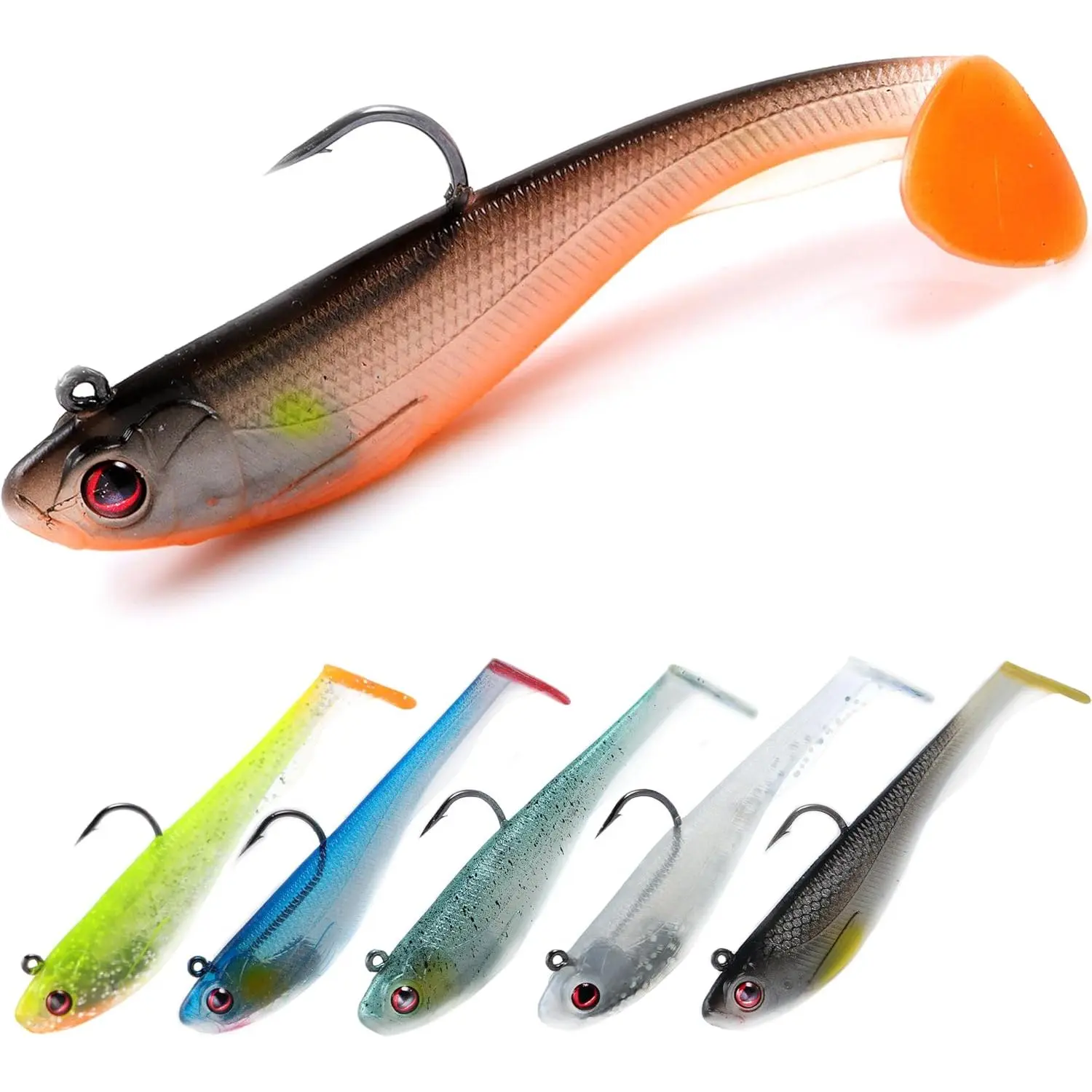 EXAURAFELIS 6-Pieces Pre-Rigged Paddle Tail Swimbaits, Soft Shadtail Lures with Jig Heads, Vibrating Sinking Jigging Bait for Freshwater, Saltwater Fishing (Bass, Trout Targeted)