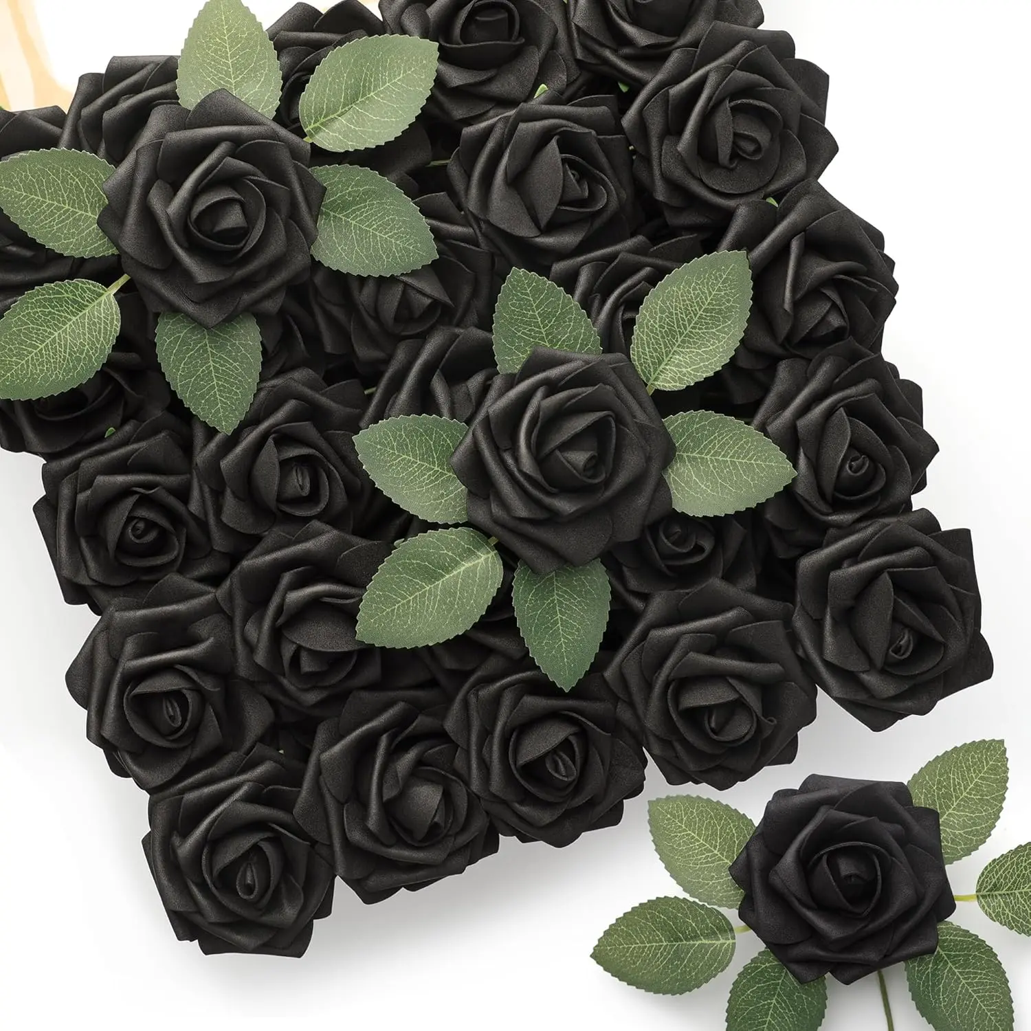 50Pcs 3" Bloom Black Latex Foam Roses Artificial Flowers Set with Stem & Leaf, Realistic Touch Velvet Texture Decor for Gothic Wedding Bouquet DIY, Bridal Shower Centerpieces, Diy Crafts