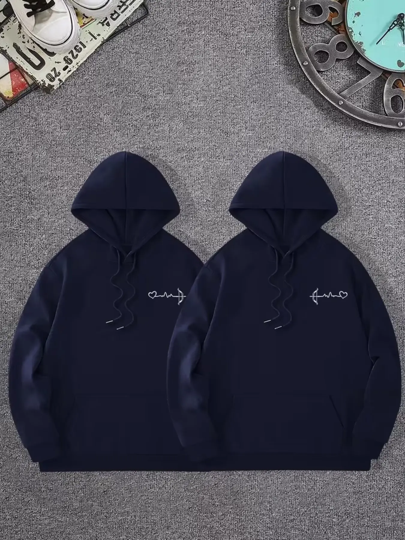 Two-Piece Couple Hoodie Set, High-Style Matching Print, Breathable Polyester Knit, Comfortable Fit, Perfect for Spring & Fall