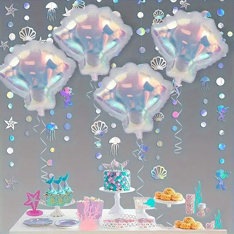 Six rainbow-colored seashell-shaped foil balloons, a 20-inch transparent holographic mermaid-themed party decoration, suitable for birthdays, weddings, and all celebrations - perfect for underwater-themed parties and ocean-inspired decorations.
