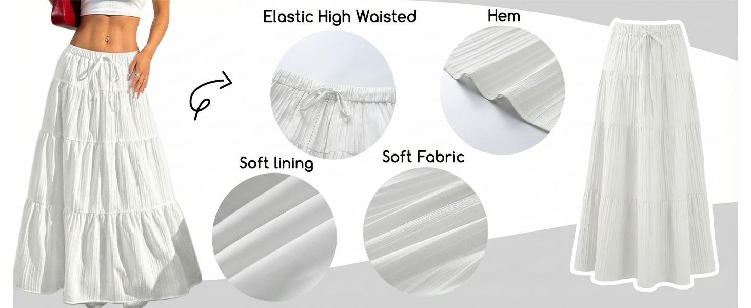 Women's Bohemian-style flowing white long skirt, with pleated elastic waist, A-line summer dress, 2026 spring long skirt Women's Bohemian-style flowing white long skirt, with pleated elastic waist, A-line summer dress, 2026 spring long skirt