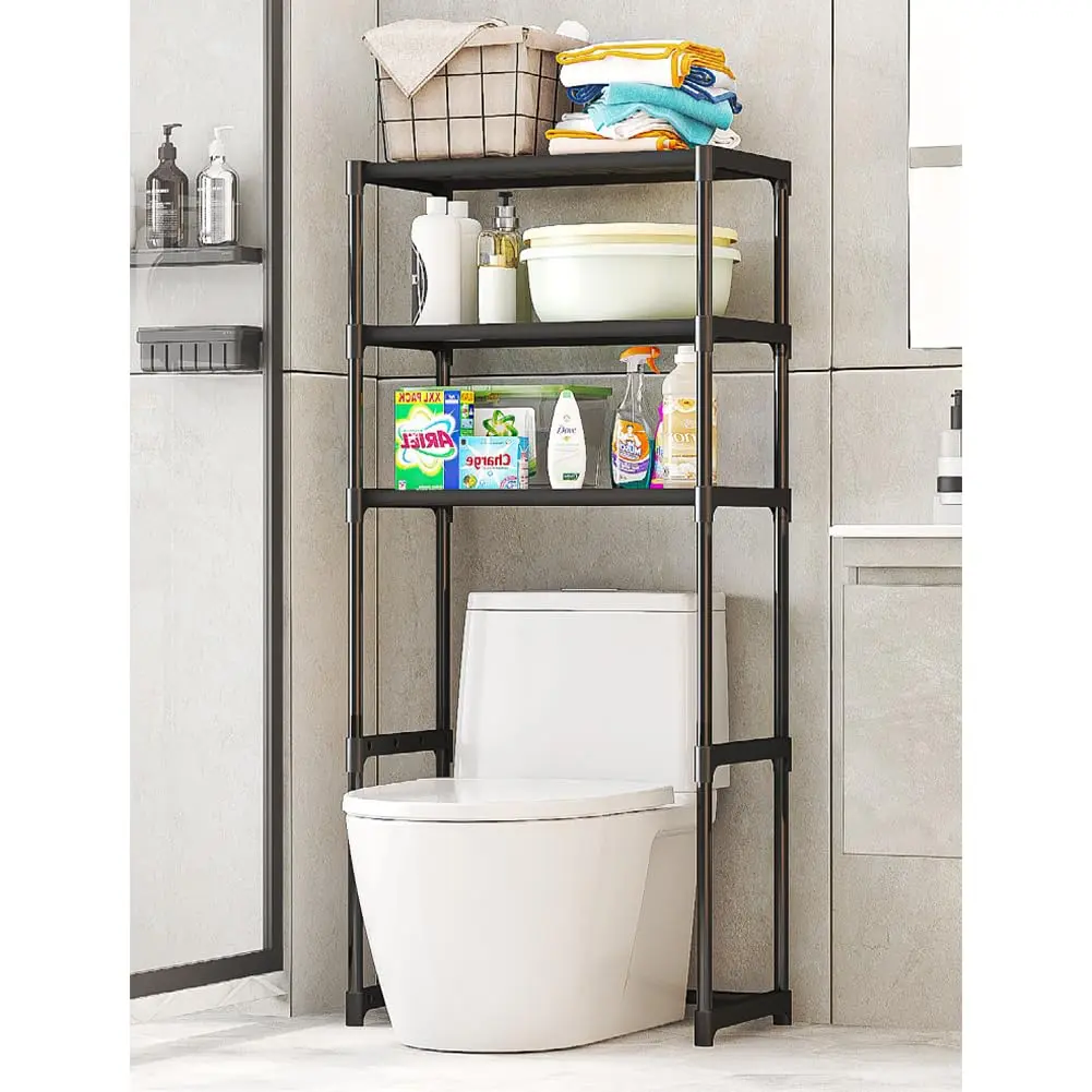 3-Tier Over the Toilet Storage Rack – No Drilling, Freestanding Bathroom Organizer | Rust-Proof Carbon Steel, Wide Stable Base | Space-Saving Shelf for Towels, Toiletries & TP | Ideal for Small Bathrooms, Renters & Apartments | Black/White