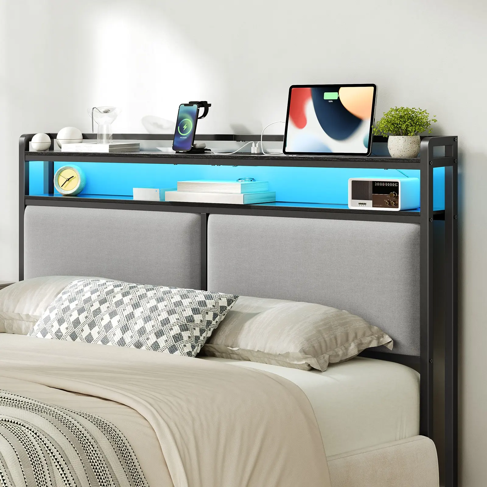 Headboard for Queen Size Bed with Storage, Queen Size Upholstered Headboard, with Charging Station and Adjustable LED Lights, Easy Assembly