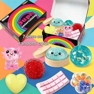 7-piece set of Squishy Toys squeezing slow rebound decompression toy candy filling pressure ball flashing color changing cute shape kneading music, stress relieving toy children's party gift, sensory toy birthday Easter gift