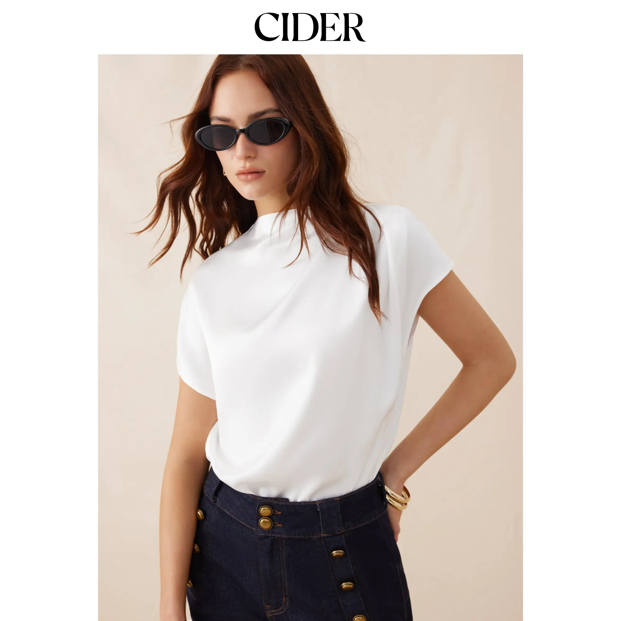 Cider Satin Stand Collar Ruched Short Sleeve Bodysuit SummerFinds