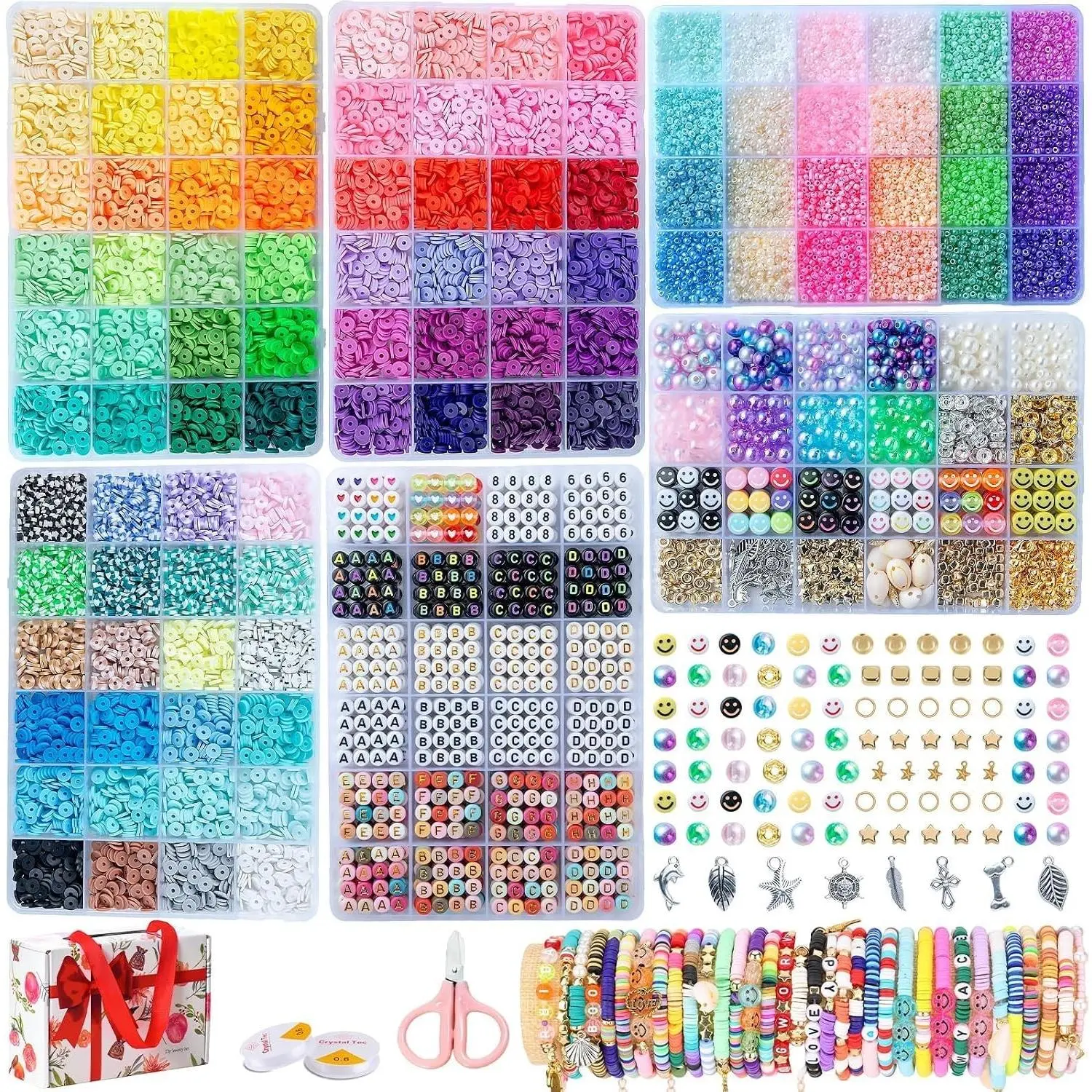 6-Box Friendship Bracelet Making Kit - 16,000pcs Clay, Seed & Glass Beads Collection, Letter Beads, Charms