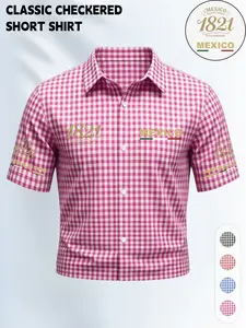 Vintage Plaid Short Sleeve Shirt, Men's Mexican Style Casual Top, Collared Short Front Button Design, Daily Shopping Commute, American Streetwear