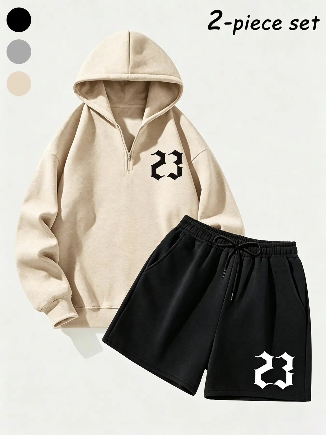 Gothic Number 23 Half-Zip Hooded Sweatshirt and Shorts Set, Loose Fit, Graphic Print, Casual Fall & Winter, Unisex Pullover, Matching Sweat Set