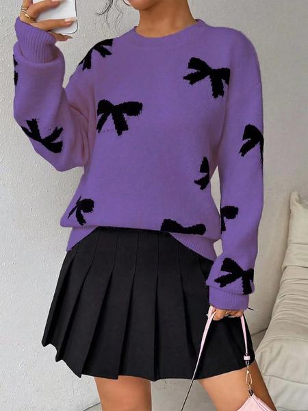 Fashion Bow Print Casual Loose Knitted Sweater Pullover Autumn/Winter Women Pullovers New Full Sleeve Knitwear
