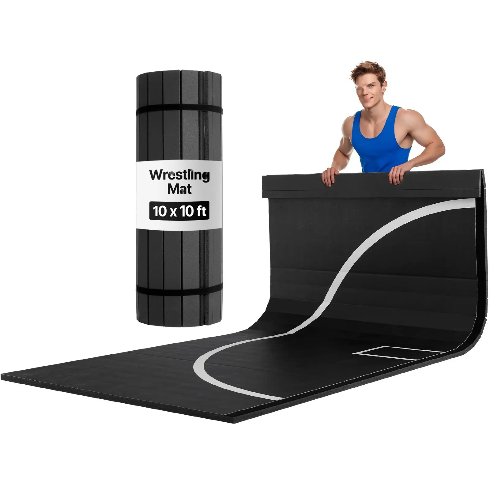 Foldable Wrestling Mat Roll-Up 10x10 Ft - Martial Arts Training Mat for Home Gym, Jiu Jitsu MMA, Non-Slip Surface, High Density Foam, Durable Practice Mat for Takedowns, Groundwork and Conditioning