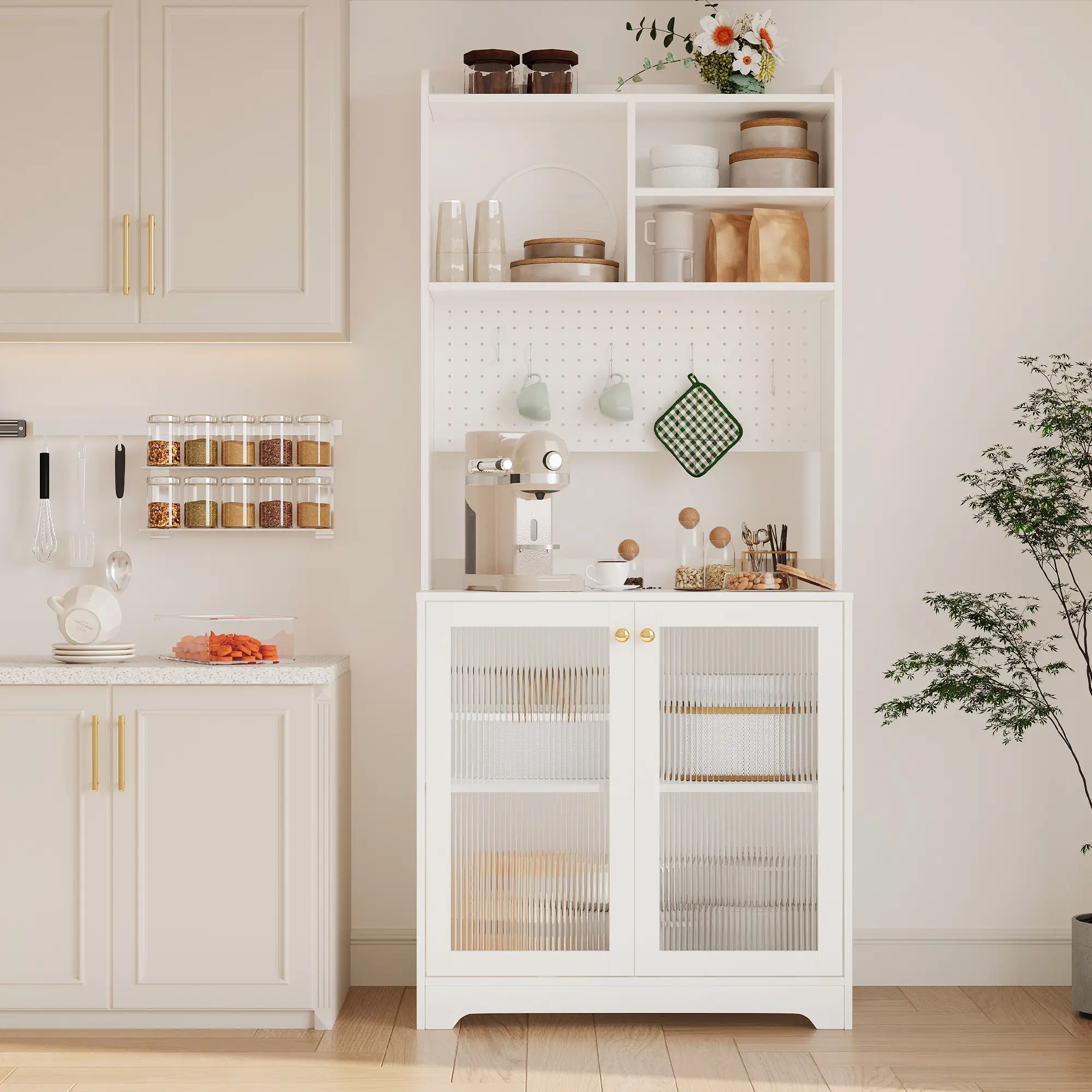71" Tall Kitchen Pantry Cabinet, Wooden Sideboard Buffet Cabinet with Microwave Stand & Pegboard, Freestanding Cupboard Storage Cabinet