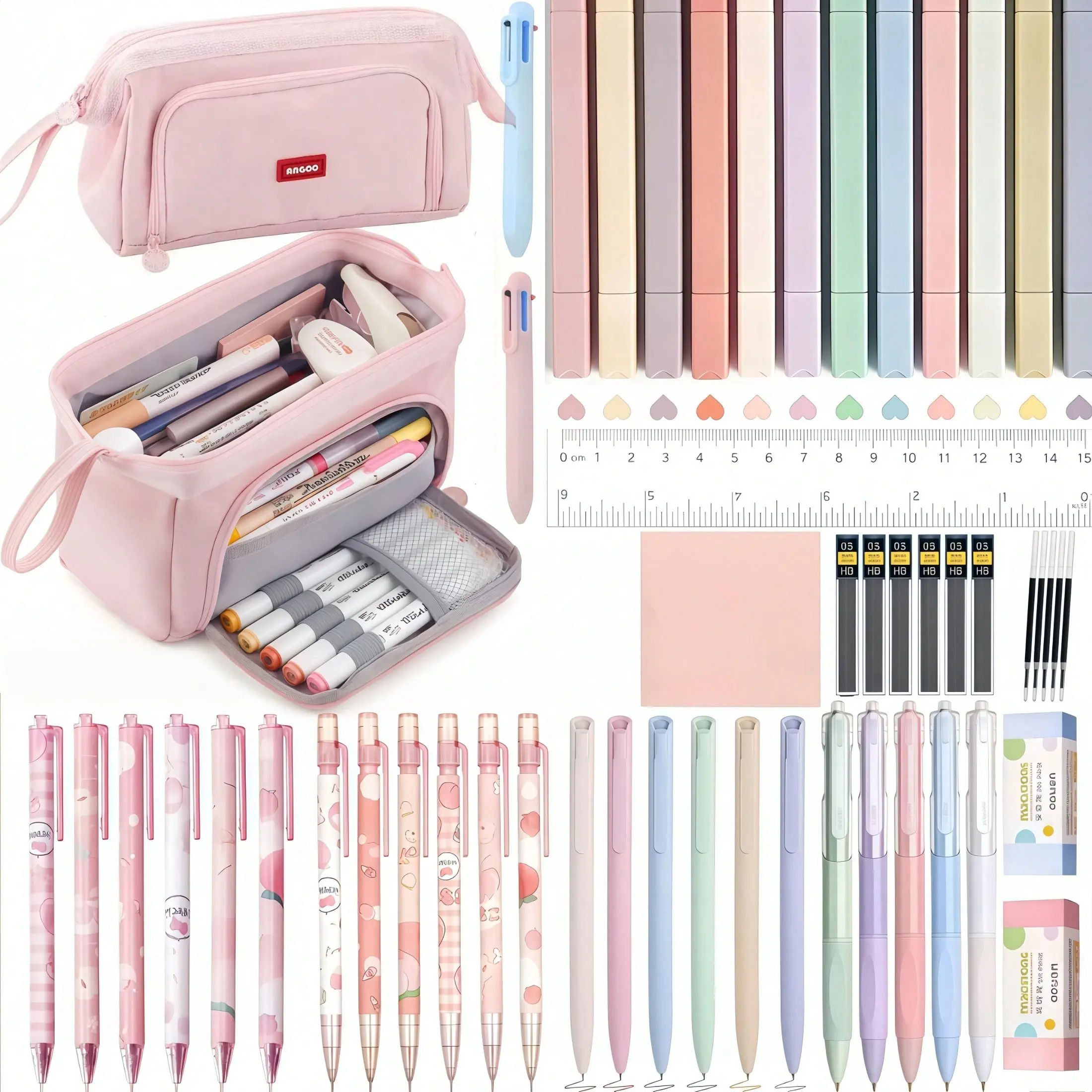 Morandi 53-Piece Aesthetic Stationery Set, Includes Cute Pencil Case, 12 Colors Fluorescent Pens, Neutral Pens, Eraser, Ideal for Students