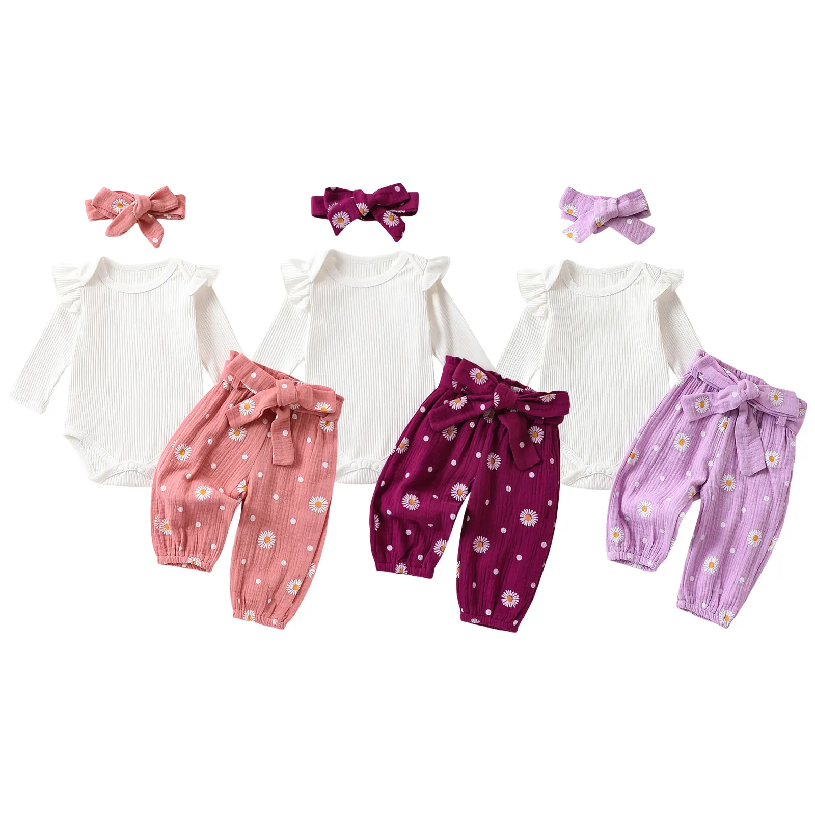 Baby Girl 0-24 Month Rib Knit Romper Gift Set, Daisy Print Pants & Headband, Newborn Infant Outfit