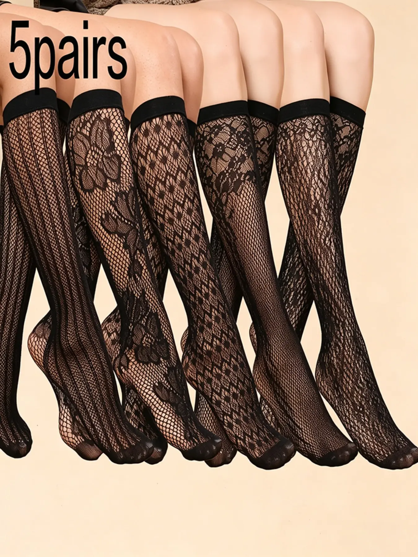 5 Pairs Women's Floral Lace Fishnet Long Socks, Stretchy Transparent Mesh Mid-Calf Socks, Gothic Jk Street Style, Lolita Fashion