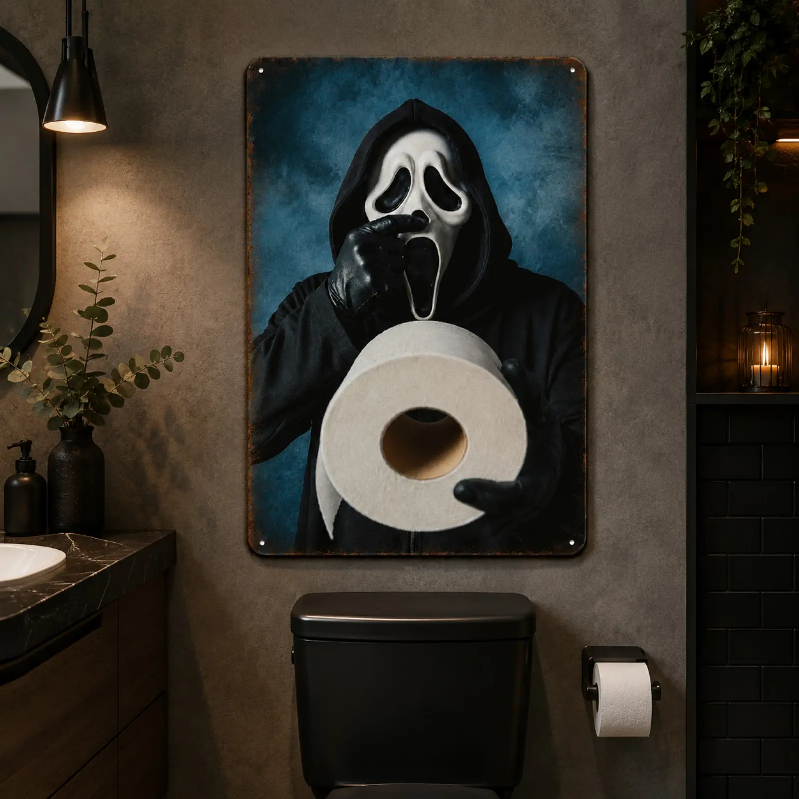 Funny Ghost Face Toilet Paper Gothic Retro Metal Sign, Vintage Horror Bathroom Wall Decor, Durable Rustic Iron Plate Artwork with Pre-Drilled Holes for Easy Mount, Ideal Gift for Bathroom & Home Bar (Home Supplies Plaque)