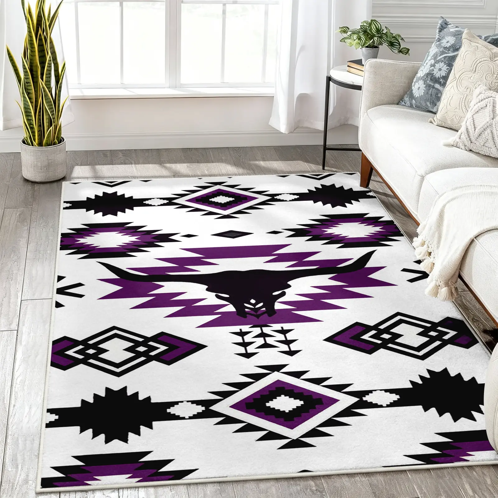 Retro Boho Western Area Rug, Abstract Aztec Geometric Bull Head Carpet, Soft Faux Cashmere Machine Washable Non-Slip Stain-Resistant Rug, Aesthetic Decor for Living Room Bedroom Alfombras para Sala