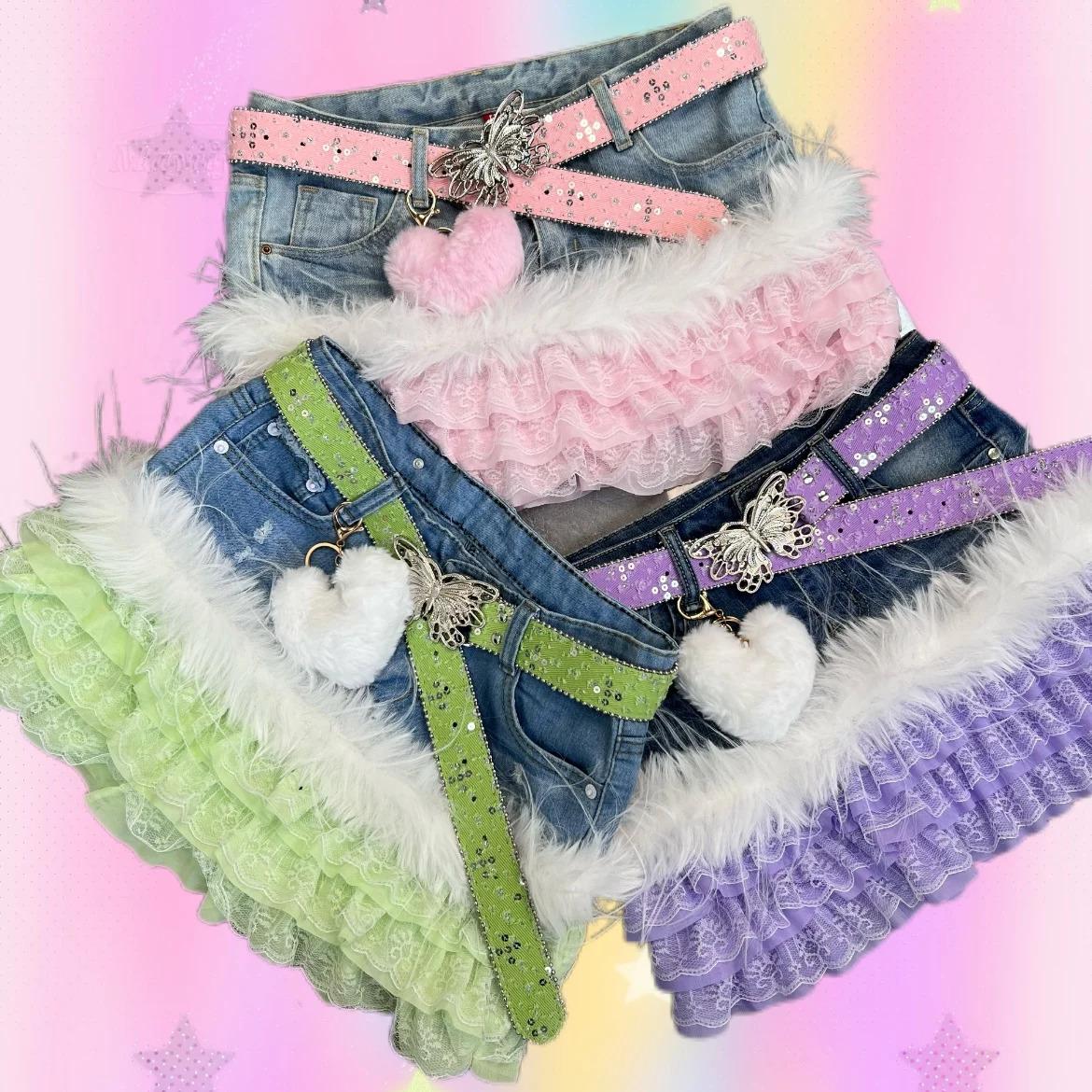 Original Y2K Vintage Low Waist Lace Trim Kitty Short Skirt Cute Millennium Handmade Cake Skirt Girls Sweet Style Denim Fabric