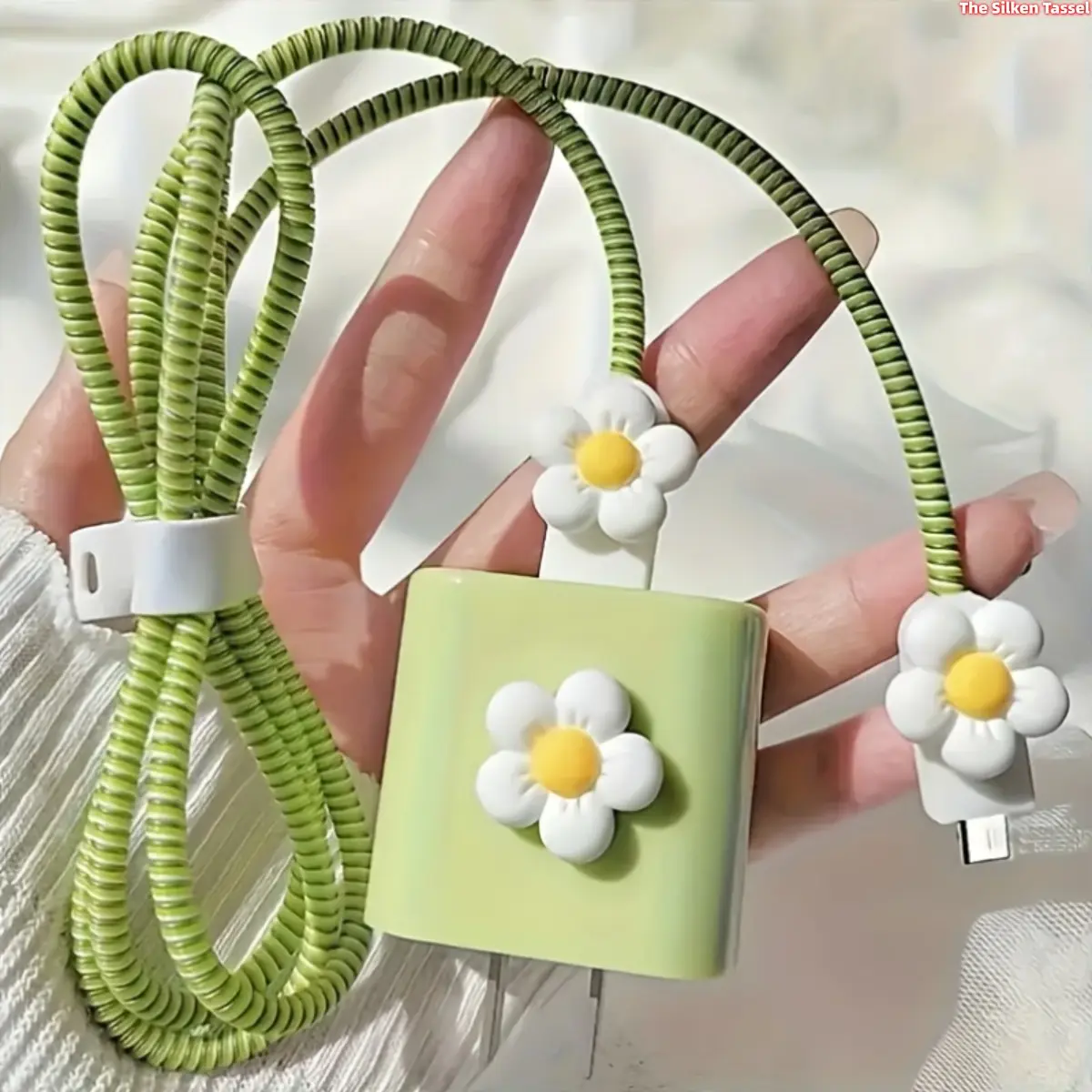 5 In 1 Flower Floral Charger Cable Protector Set, Soft Flexible TPU Fast Charging Cord Sleeve Fit 18W 20W iPhone Power Adapter, Decorative Wire Saver Protective Cover, Charger Not Included Multi Piece Charging Accessory for iPhone Chargers