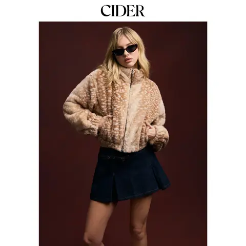 Cider Faux Fur Deer Print High Neck Zip Through Jacket