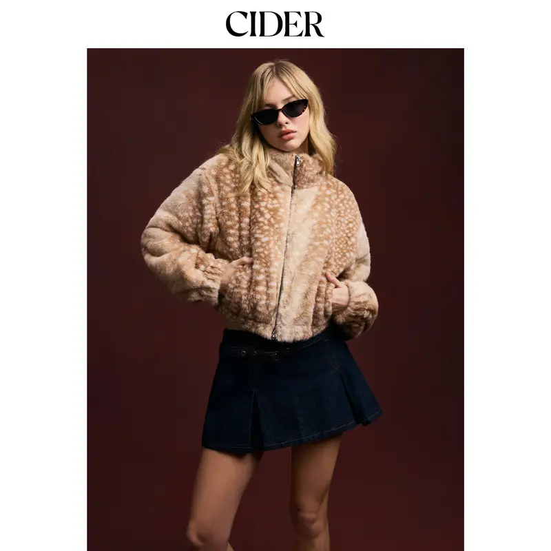 Cider Faux Fur Deer Print High Neck Zip Through Jacket