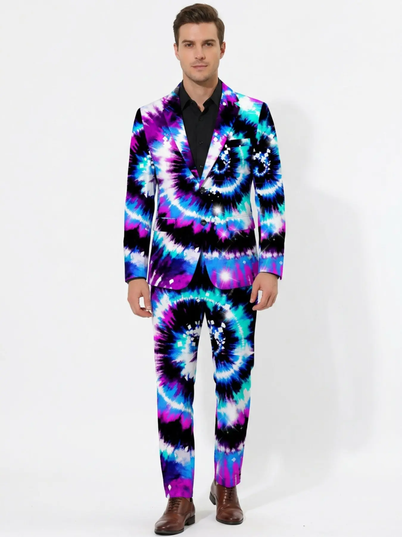 Trendy and vibrant tie-dye swirling print men's two-piece suit set, slim-fit suit and trousers set, perfect for electronic music festivals and nightclubs, psychedelic and eye-catching menswear.
