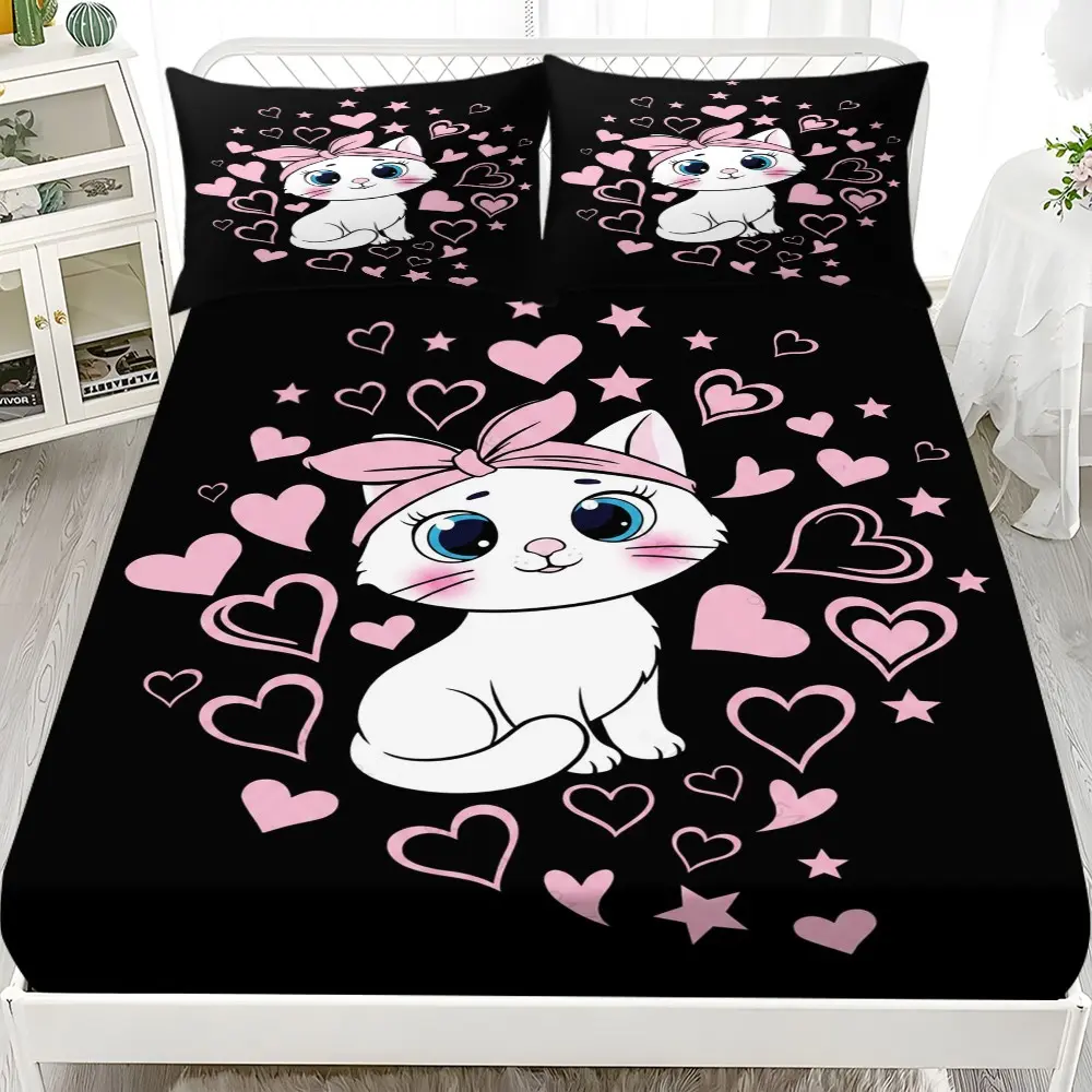 3pcs Bed Sheet + Pillowcase Set, Cute Cat with Heart Bowknot Print, Bedroom Bedding, Fitted Sheets, Home Textiles