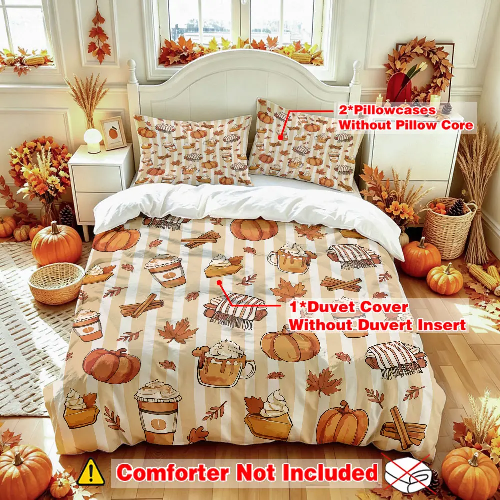 A set of three pieces (one quilt cover + two pillowcases, without a filling) featuring autumn-themed pumpkin and maple leaf patterns. This soft and comfortable bedding set is perfect for room decoration and can also be given as a gift.