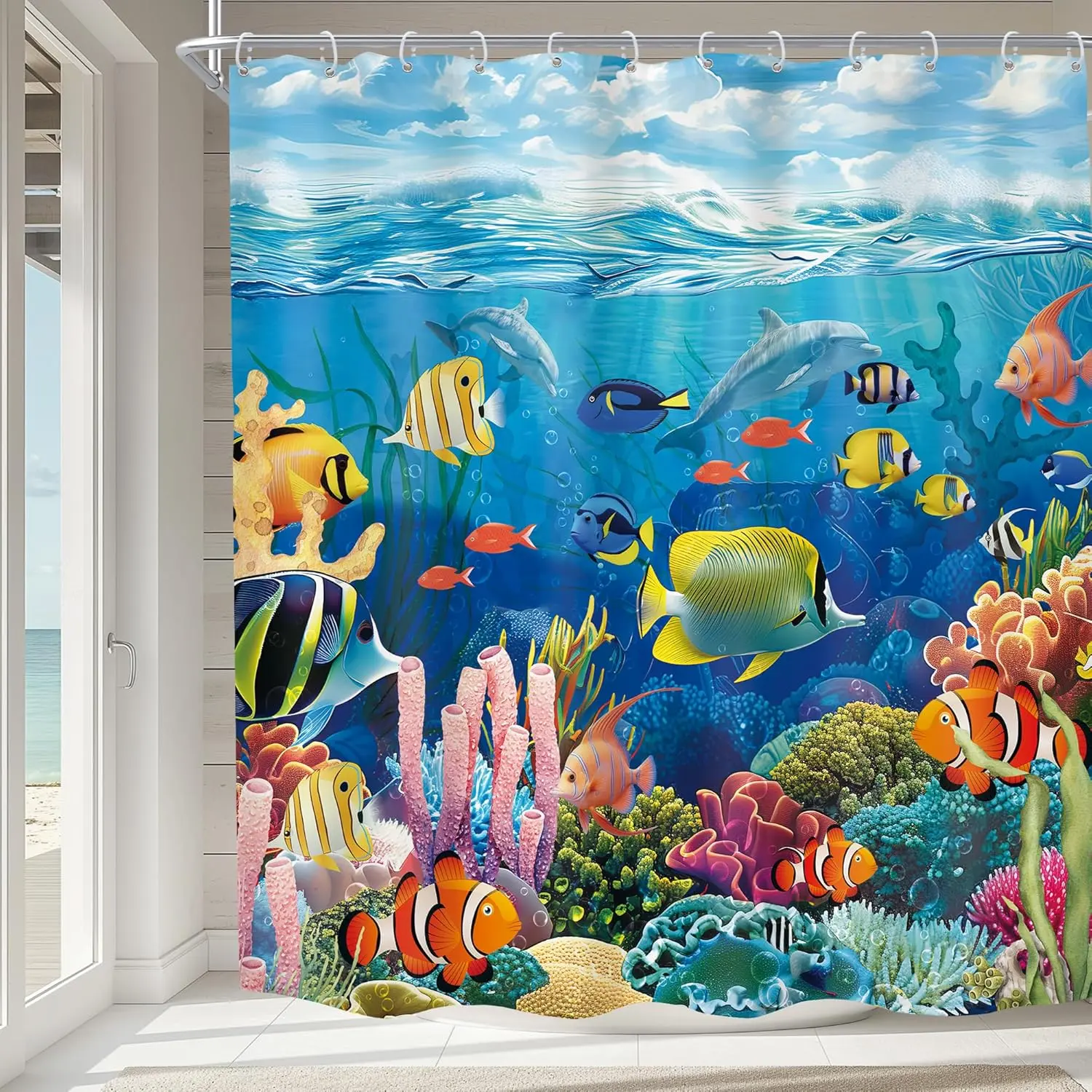 Waterproof Polyester Ocean Shower Curtain with Funny Clown Fish, Colorful Coral, Plastic-Accent Underwater World Design for Bathroom Bathtub